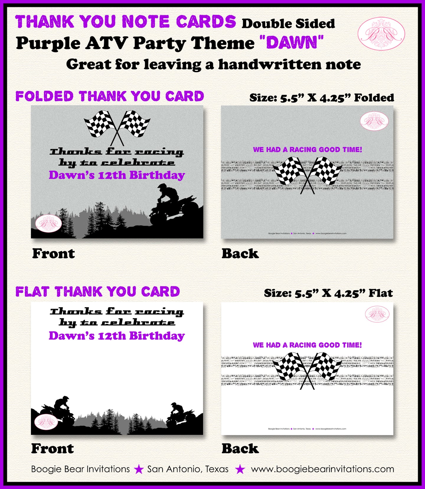 Purple ATV Birthday Party Thank You Card Quad 4 Wheeler Boogie Bear Invitations Dawn Theme Printed