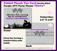 Load image into Gallery viewer, Purple ATV Birthday Party Thank You Card Quad 4 Wheeler Boogie Bear Invitations Dawn Theme Printed