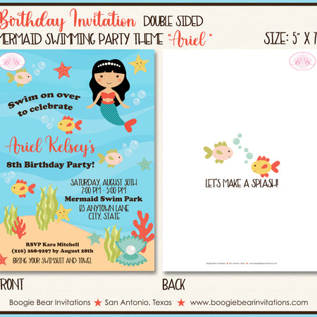 Mermaid Swimming Birthday Party Invitation Pool Ocean Girl Boogie Bear Invitations Ariel Theme Paperless Printable Printed