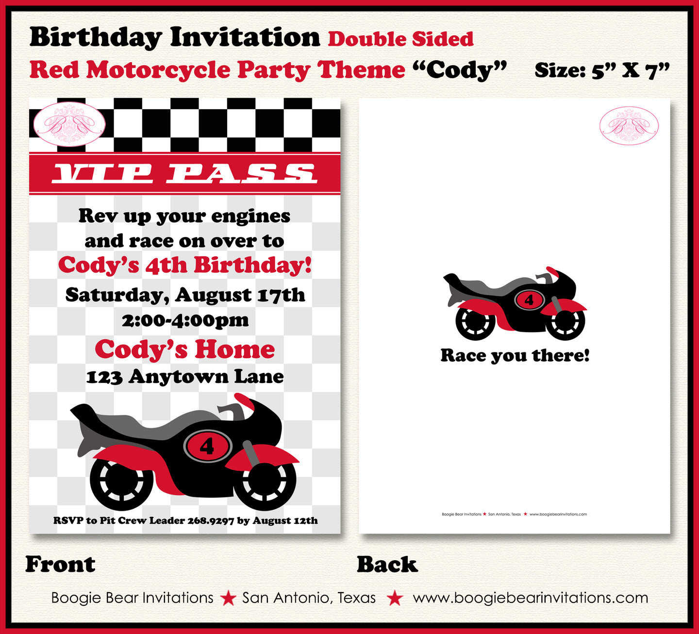 Red Motorcycle Birthday Party Invitation Racing Boogie Bear Invitations Cody Theme Paperless Printable Printed