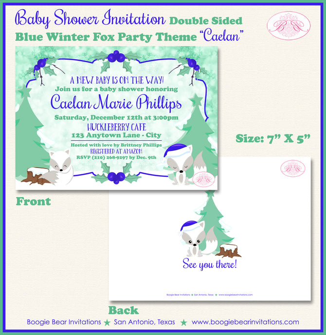 Blue Winter Fox Baby Shower Invitation Boogie Bear Invitations Caelan Theme Paperless Printable Printed