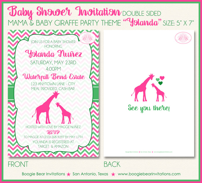 Pink Green Giraffe Baby Shower Invitation Girl Party Boogie Bear Invitations Yolanda Theme Paperless Printable Printed