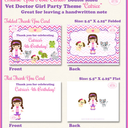 Vet Doctor Girl Birthday Party Thank You Card Pink Purple Boogie Bear Invitations Catrice Theme Printed