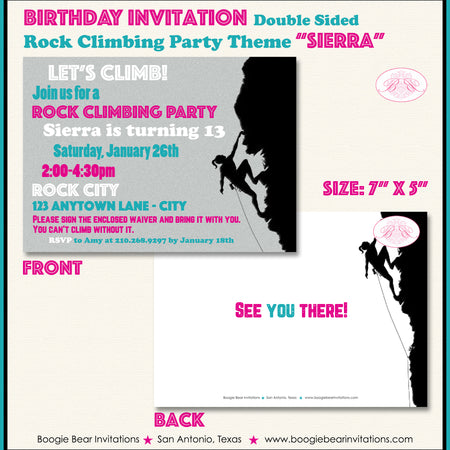 Pink Girl Rock Climbing Party Invitation Birthday Teal Boogie Bear Invitations Sierra Theme Printed