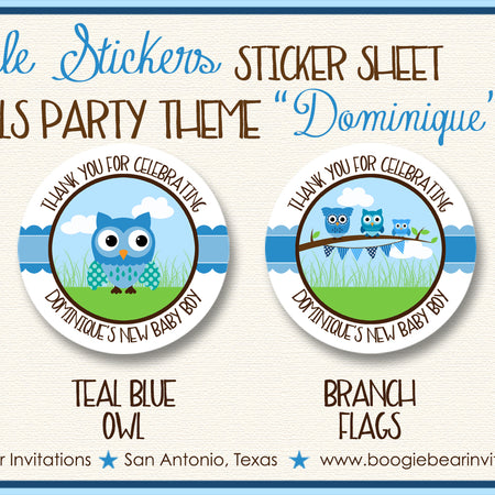 Blue Owls Baby Shower Party Stickers Circle Sheet Round Boy Boogie Bear Invitations Dominique Theme