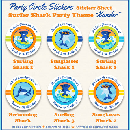 Surfing Shark Birthday Party Stickers Circle Sheet Pool Swimming Boogie Bear Invitations Xander Theme