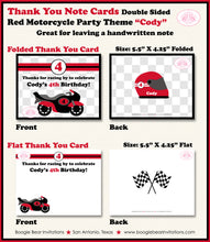 Load image into Gallery viewer, Red Motorcycle Party Thank You Card Black Birthday Racing Boogie Bear Invitations Cody Theme Printed