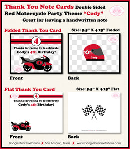 Red Motorcycle Party Thank You Card Black Birthday Racing Boogie Bear Invitations Cody Theme Printed