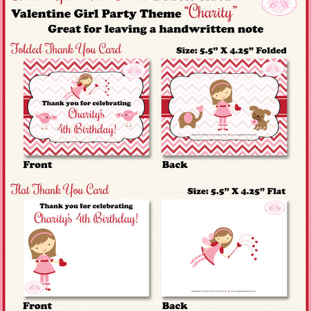 Valentine Girl Birthday Party Thank You Card Fairy Heart Red Pink Boogie Bear Invitations Charity Theme Printed