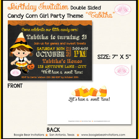 Candy Corn Girl Birthday Party Invitation Chalkboard Halloween Boogie Bear Invitations Tabitha Theme Paperless Printable Printed