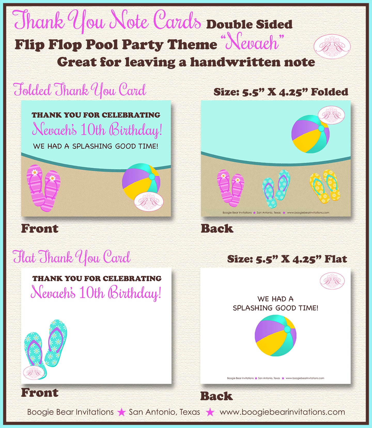 Flip Flop Pool Party Thank You Card Birthday Swimming Purple Boogie Bear Invitations Nevaeh Theme Printed