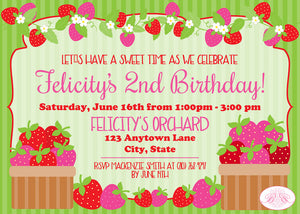 Pink Strawberry Birthday Party Invitation Boogie Bear Invitations Felicity Theme Paperless Printable Printed