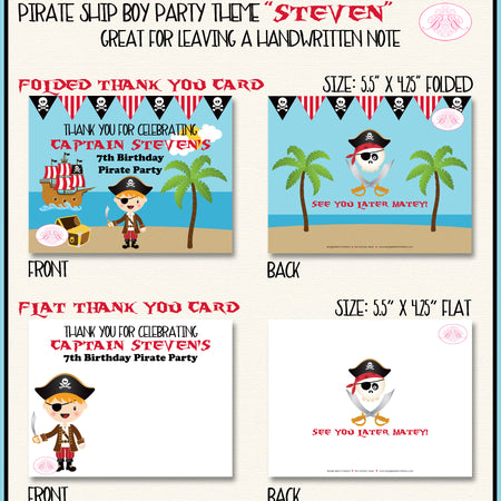 Pirate Ship Boy Party Thank You Card Birthday Boogie Bear Invitations Steven Theme Printed