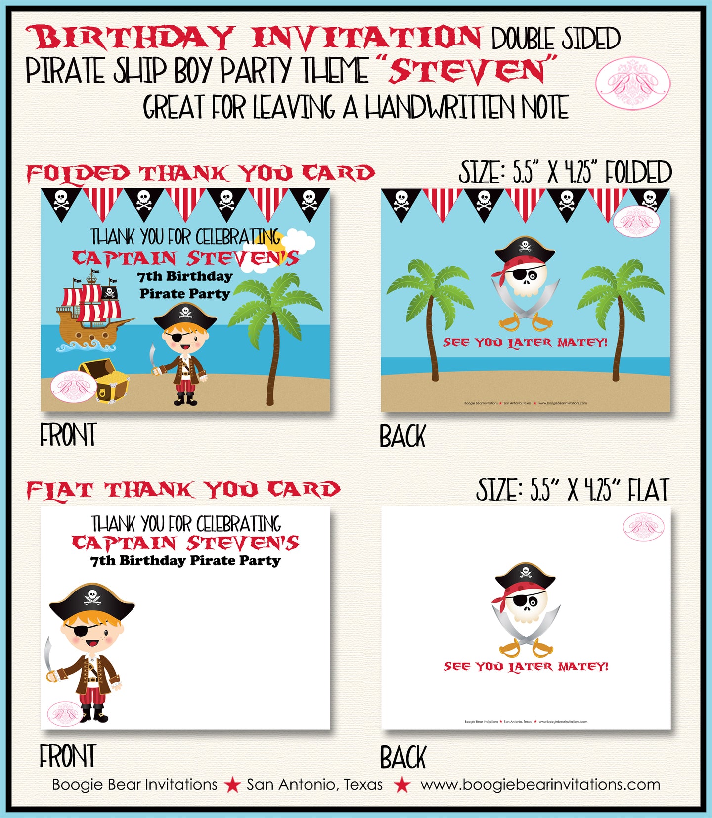 Pirate Ship Boy Party Thank You Card Birthday Boogie Bear Invitations Steven Theme Printed