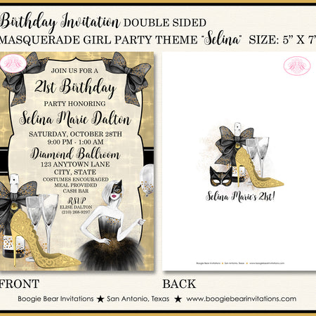 Masquerade Birthday Party Invitation Black Gold Formal Girl Boogie Bear Invitations Selina Theme Paperless Printable Printed
