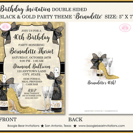 Black Gold Modern Birthday Party Invitation Champagne Formal Hig Heels Boogie Bear Invitations Bernadette Theme Paperless Printable Printed