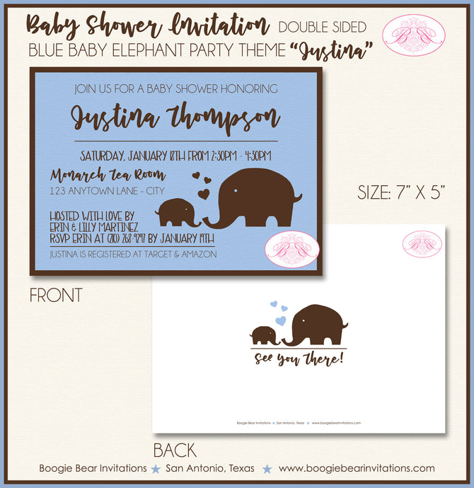 Blue Elephant Baby Shower Invitation Boogie Bear Invitations Justina Theme Paperless Printable Printed