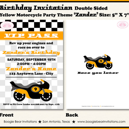 Yellow Motorcycle Birthday Party Invitation Boogie Bear Invitations Zander Theme Paperless Printable Printed