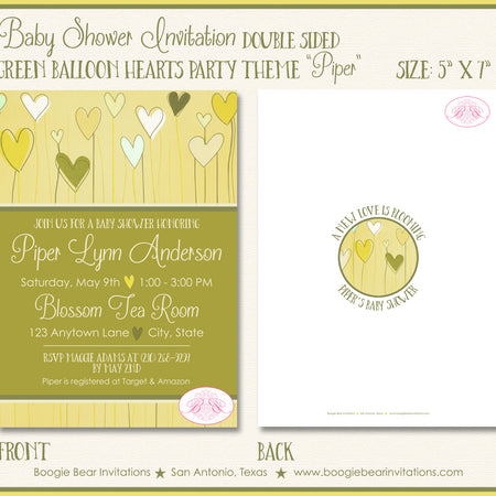 Balloon Hearts Baby Shower Invitation Party Green Boogie Bear Invitations Piper Theme Paperless Printable Printed