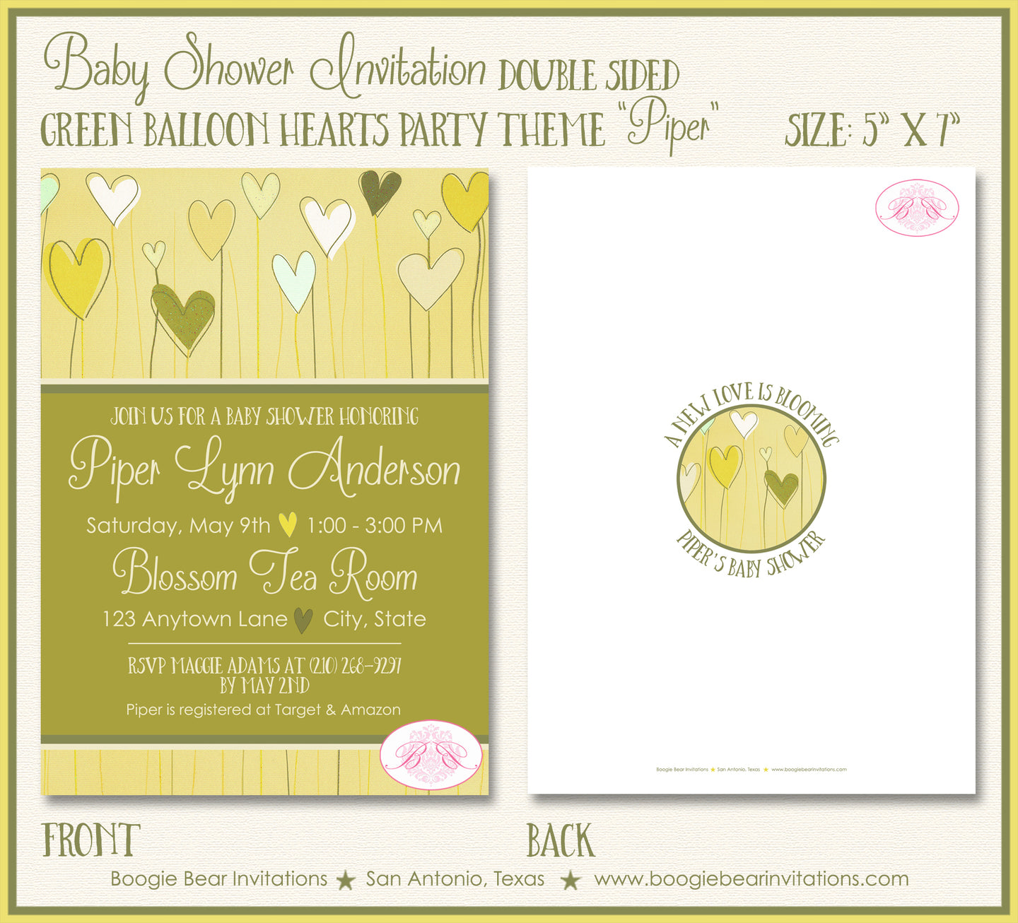 Balloon Hearts Baby Shower Invitation Party Green Boogie Bear Invitations Piper Theme Paperless Printable Printed