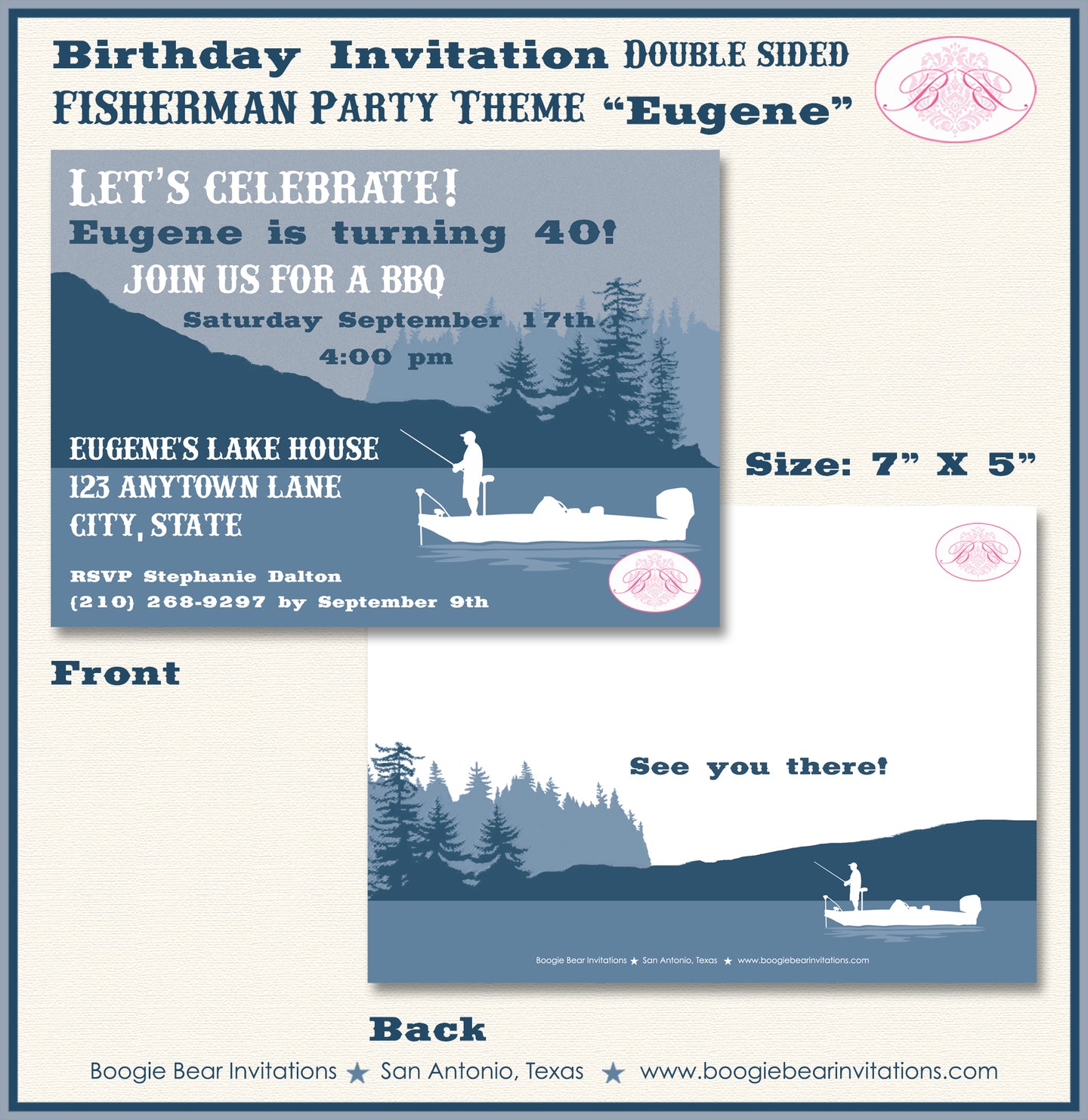 Fishing Boat Birthday Party Invitation Lake River Blue Boogie Bear