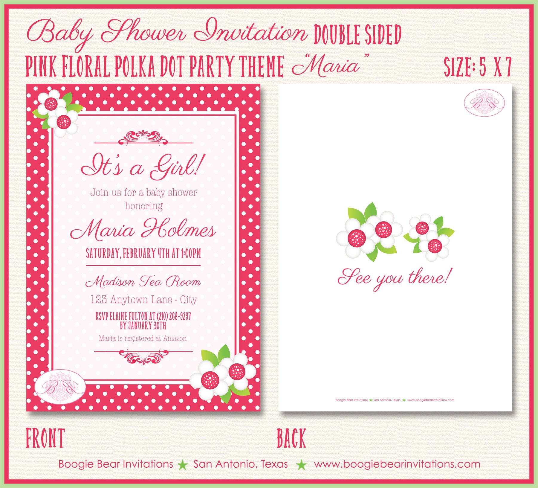 Pink Floral Baby Shower Invitation Party Polka Dot Flowers Boogie Bear –  Boogie Bear Invitations, image size:1800x1632