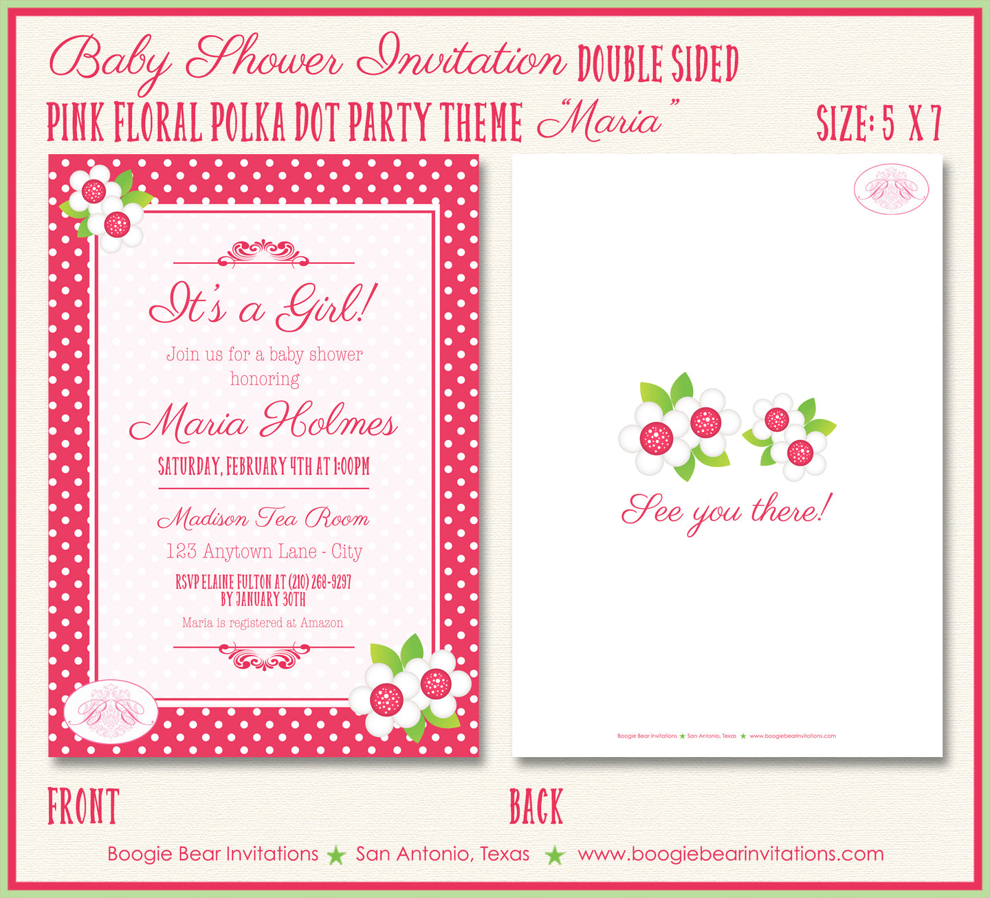 Pink Flowers Baby Shower Invitation Polka Dot Birthday Party Boogie Bear Invitations Maria Theme Paperless Printable Printed