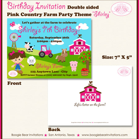 Pink Farm Animals Birthday Party Invitation Girl Boogie Bear Invitations Shirley Theme Paperless Printable Printed