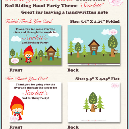 Red Riding Hood Party Thank You Card Birthday Girl Favor Forest Boogie Bear Invitations Scarlett Theme Printed