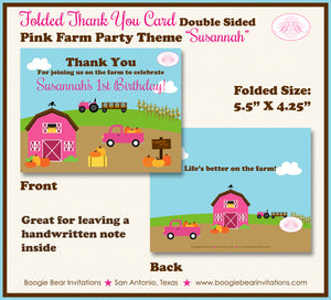 Pink Farm Birthday Party Thank You Card Girl Boogie Bear Invitations Susannah Theme Printed