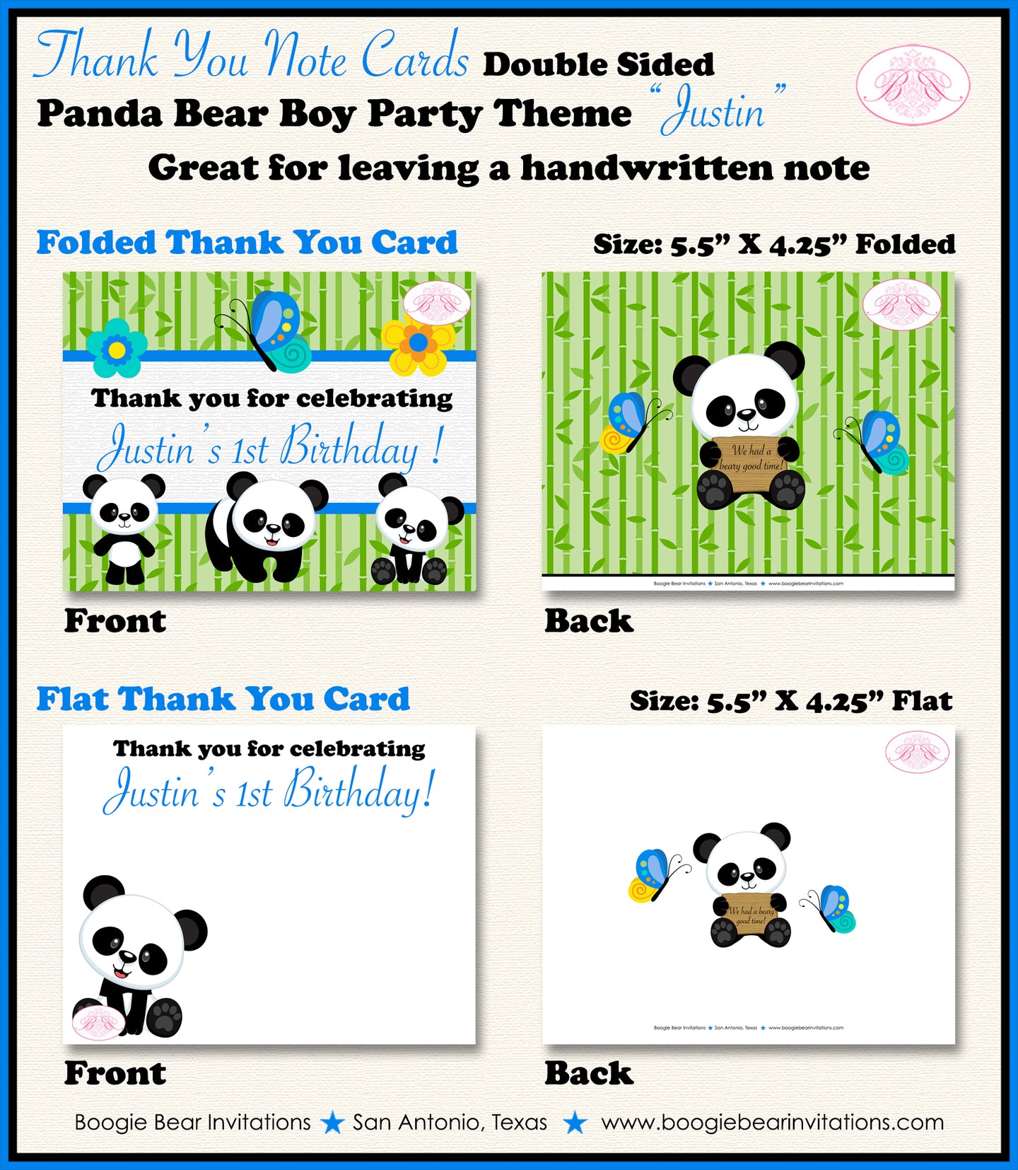 Blue Panda Bear Birthday Party Thank You Card Boy Boogie Bear Invitations Justin Theme Printed