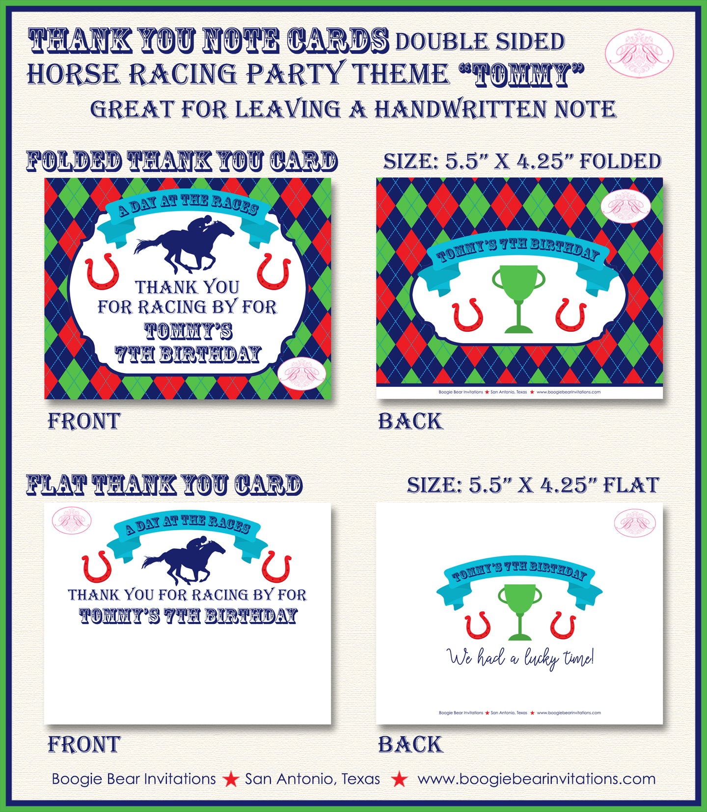Horse Racing Birthday Party Thank You Card Red Green Blue Kentucky Derby Boogie Bear Invitations Tommy Theme Printed