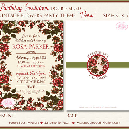Rose Garden Birthday Party Invitation Vintage Flowers Red Boogie Bear Invitations Rosa Theme Paperless Printable Printed