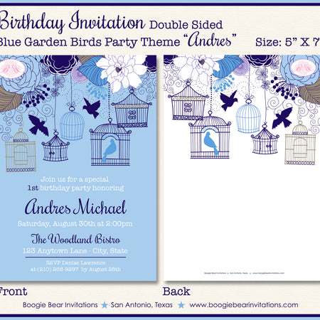 Blue Birds Birthday Party Invitation Garden Boy Boogie Bear Invitations Andres Theme Paperless Printable Printed
