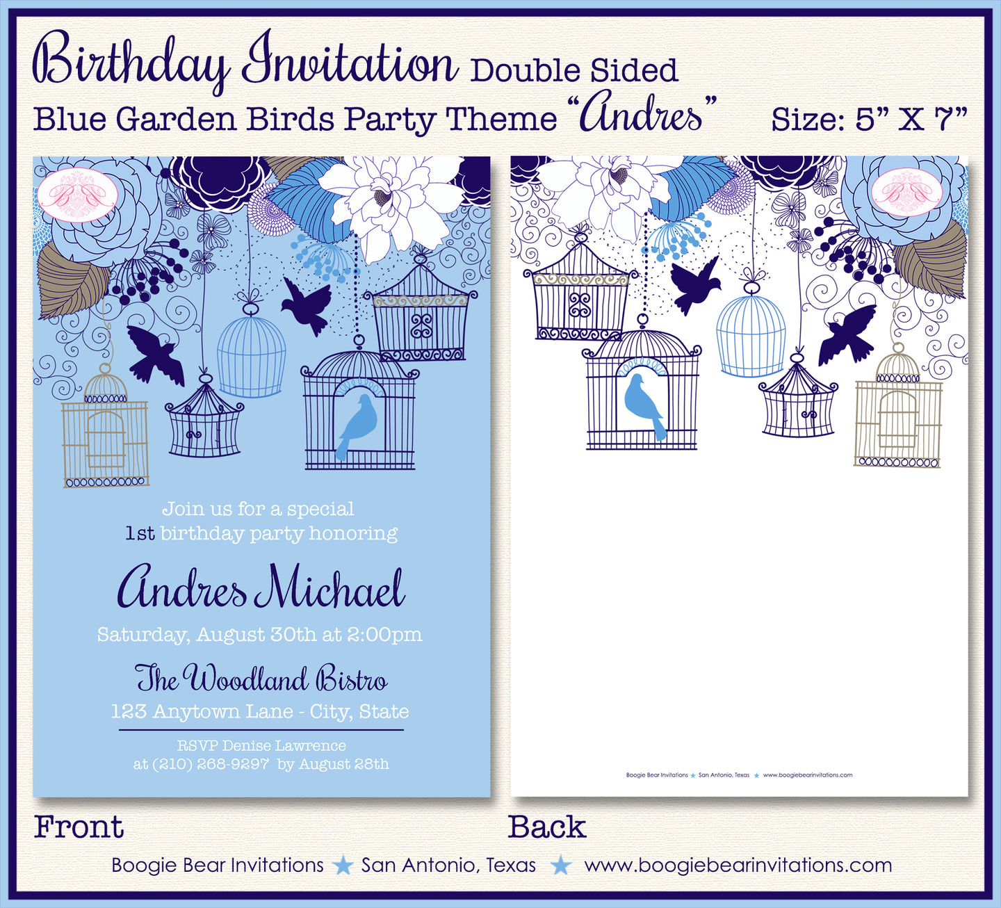 Blue Birds Birthday Party Invitation Garden Boy Fly Flowers Cage Birdcage Andres Theme Paperless Printable Printed