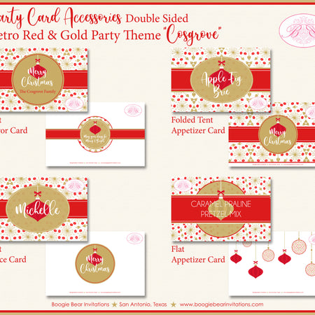 Retro Christmas Holiday Party Favor Card Tent Appetizer Place Food Vintage Glitter Red Gold Boogie Bear Invitations Cosgrove Theme