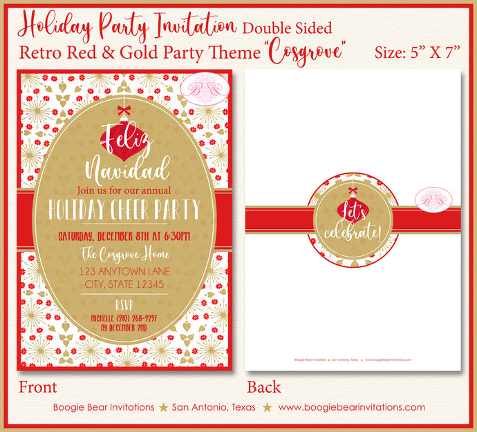 Retro Christmas Winter Party Invitation Holiday Red Gold Vintage White Boogie Bear Invitations Cosgrove Theme Paperless Printable Printed