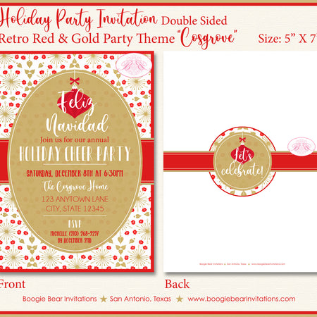 Retro Christmas Winter Party Invitation Holiday Red Gold Vintage White Boogie Bear Invitations Cosgrove Theme Paperless Printable Printed