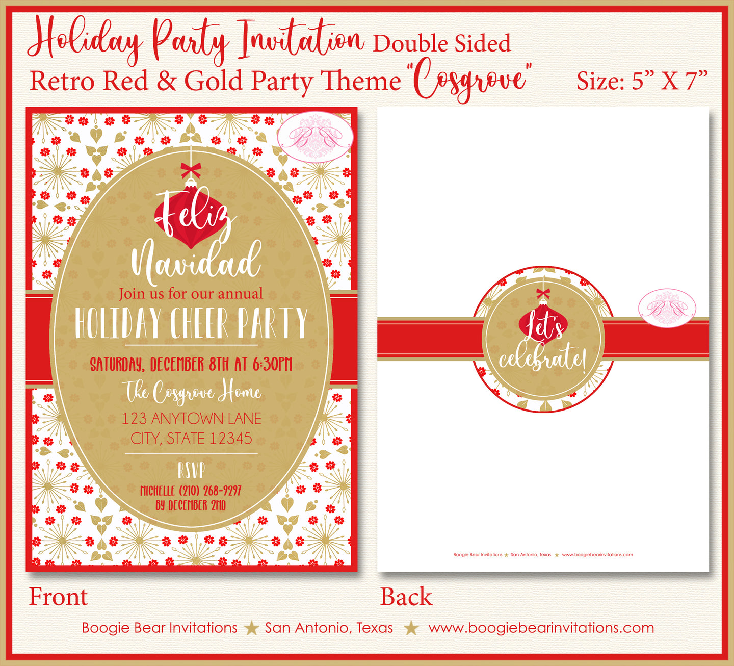 Retro Christmas Winter Party Invitation Holiday Red Gold Vintage White Boogie Bear Invitations Cosgrove Theme Paperless Printable Printed