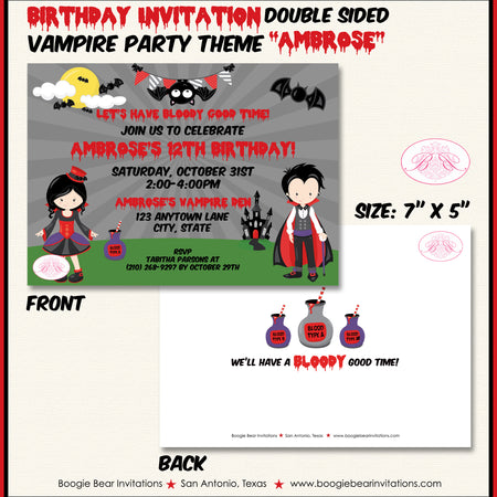 Vampire Bat Birthday Party Invitation Halloween Haunted House Boogie Bear Invitations Ambrose Theme Paperless Printable Printed