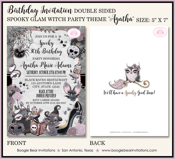 Spooky Glam Witch Birthday Party Invitation Halloween Girl Boogie Bear Invitations Agatha Theme Paperless Printable Printed