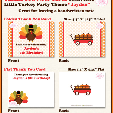 Little Turkey Party Thank You Card Birthday Girl Boy Thanksgiving Boogie Bear Invitations Jayden Theme Printed