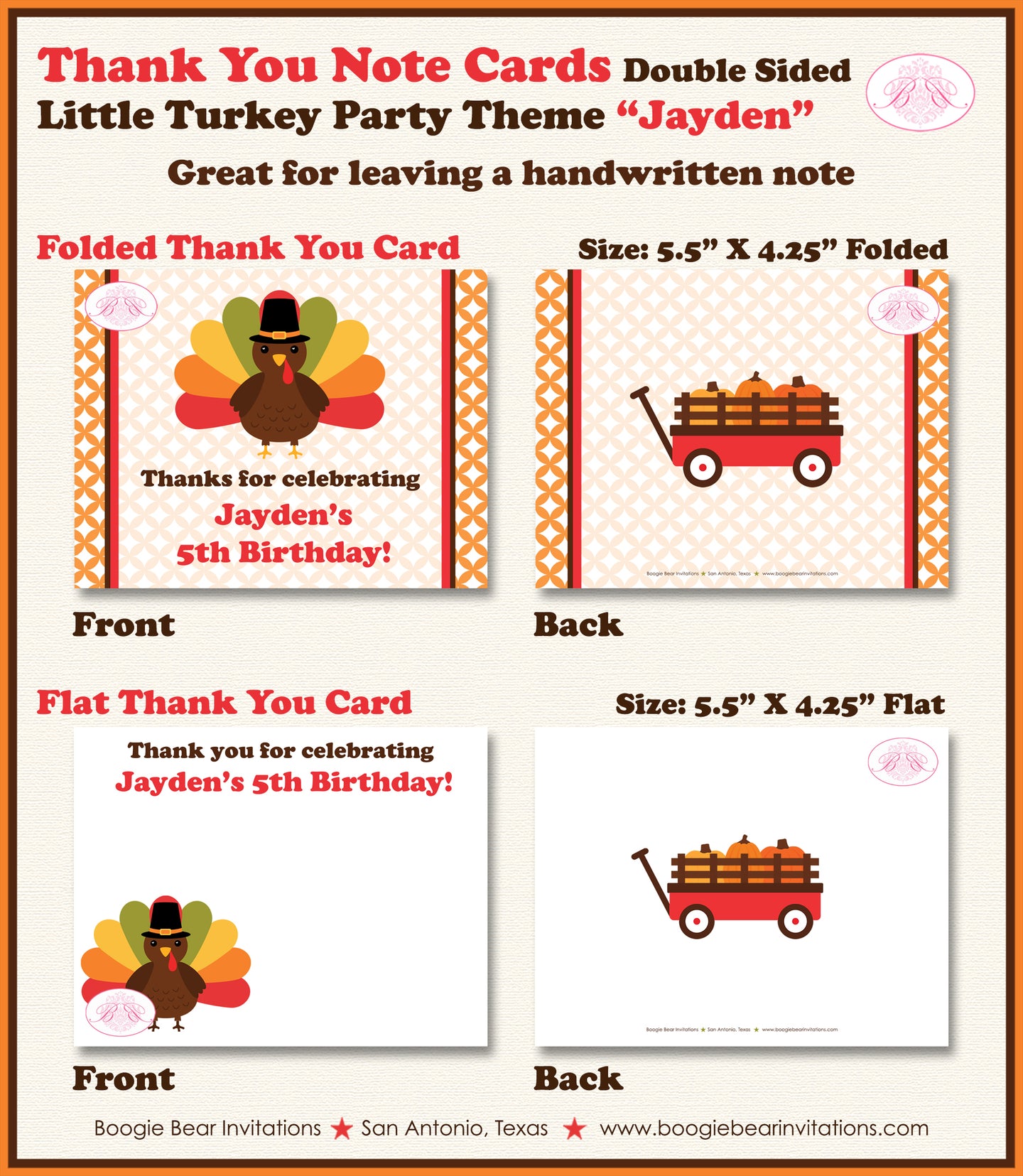 Little Turkey Party Thank You Card Birthday Girl Boy Thanksgiving Boogie Bear Invitations Jayden Theme Printed