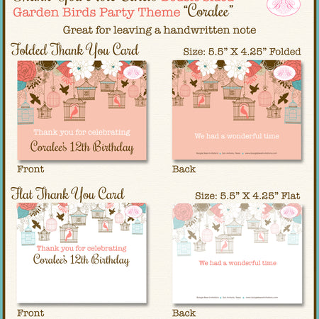 Garden Birds Woodland Party Thank You Card Birthday Girl Coral Birdcage Boogie Bear Invitations Coralee Theme