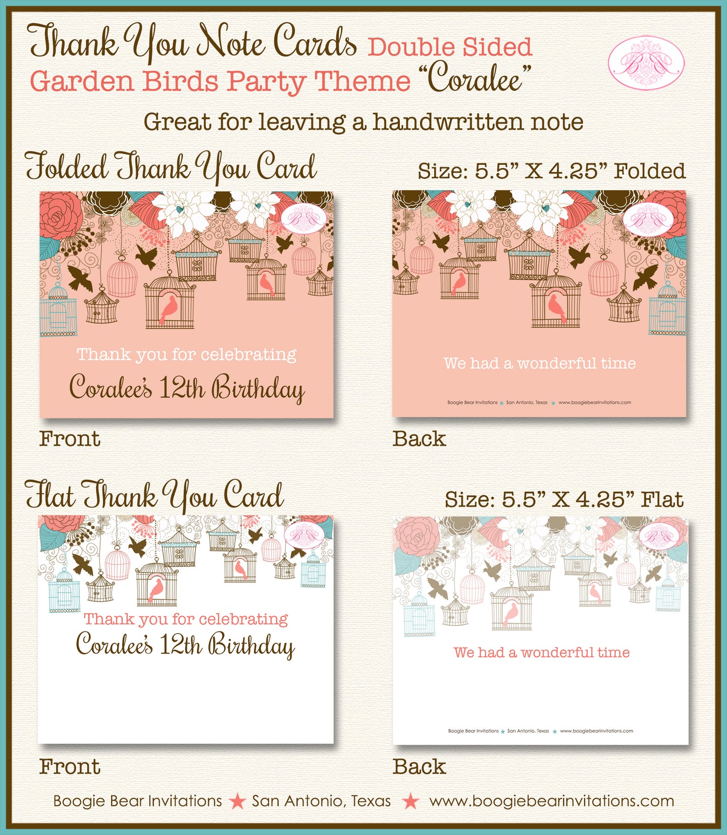 Garden Birds Woodland Party Thank You Card Birthday Girl Coral Birdcage Boogie Bear Invitations Coralee Theme