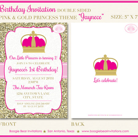 Pink Gold Princess Party Invitation Birthday Girl Crown Boogie Bear Invitations Jaynece Theme Paperless Printable Printed