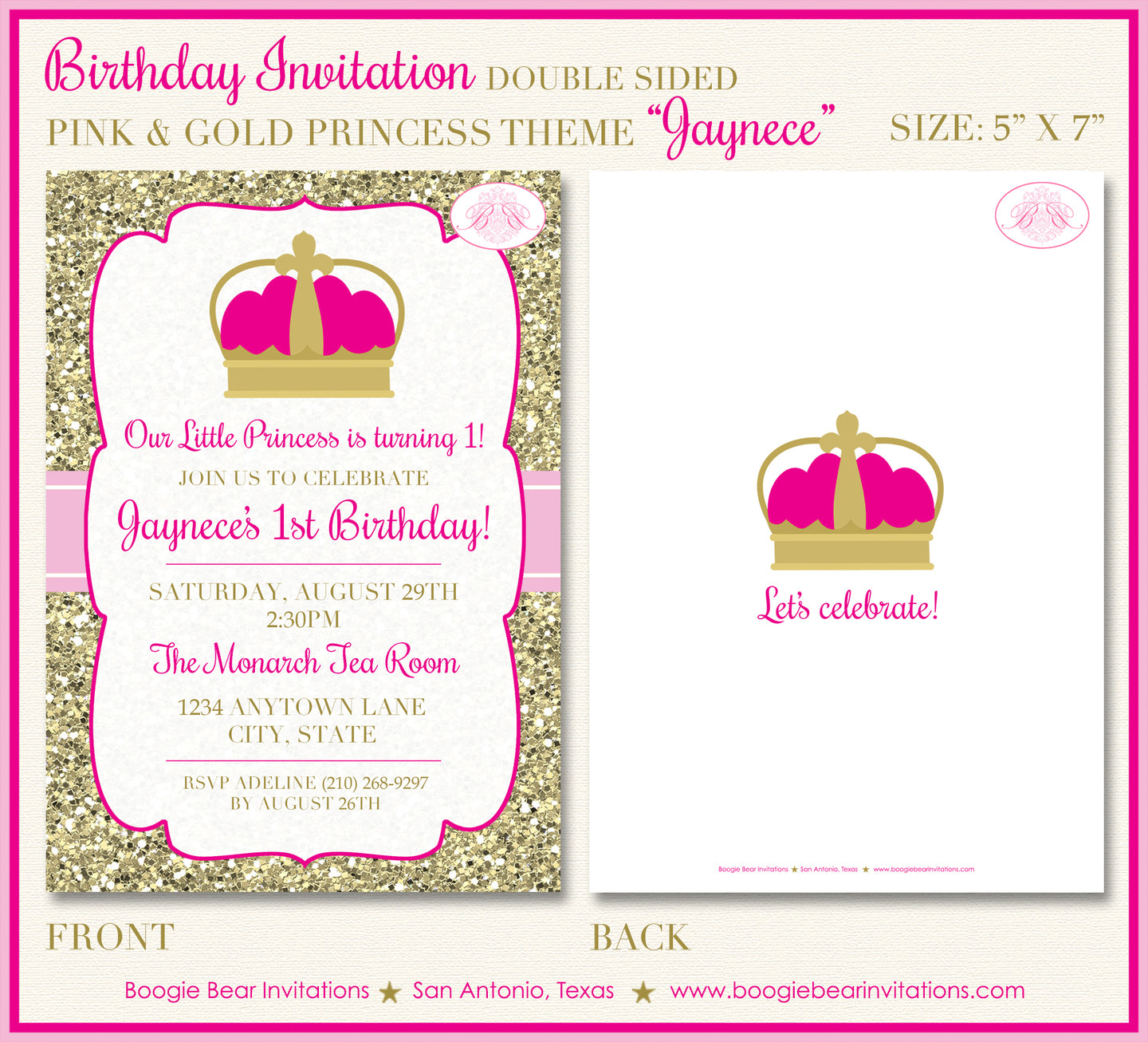 Pink Gold Princess Party Invitation Birthday Girl Crown Boogie Bear Invitations Jaynece Theme Paperless Printable Printed