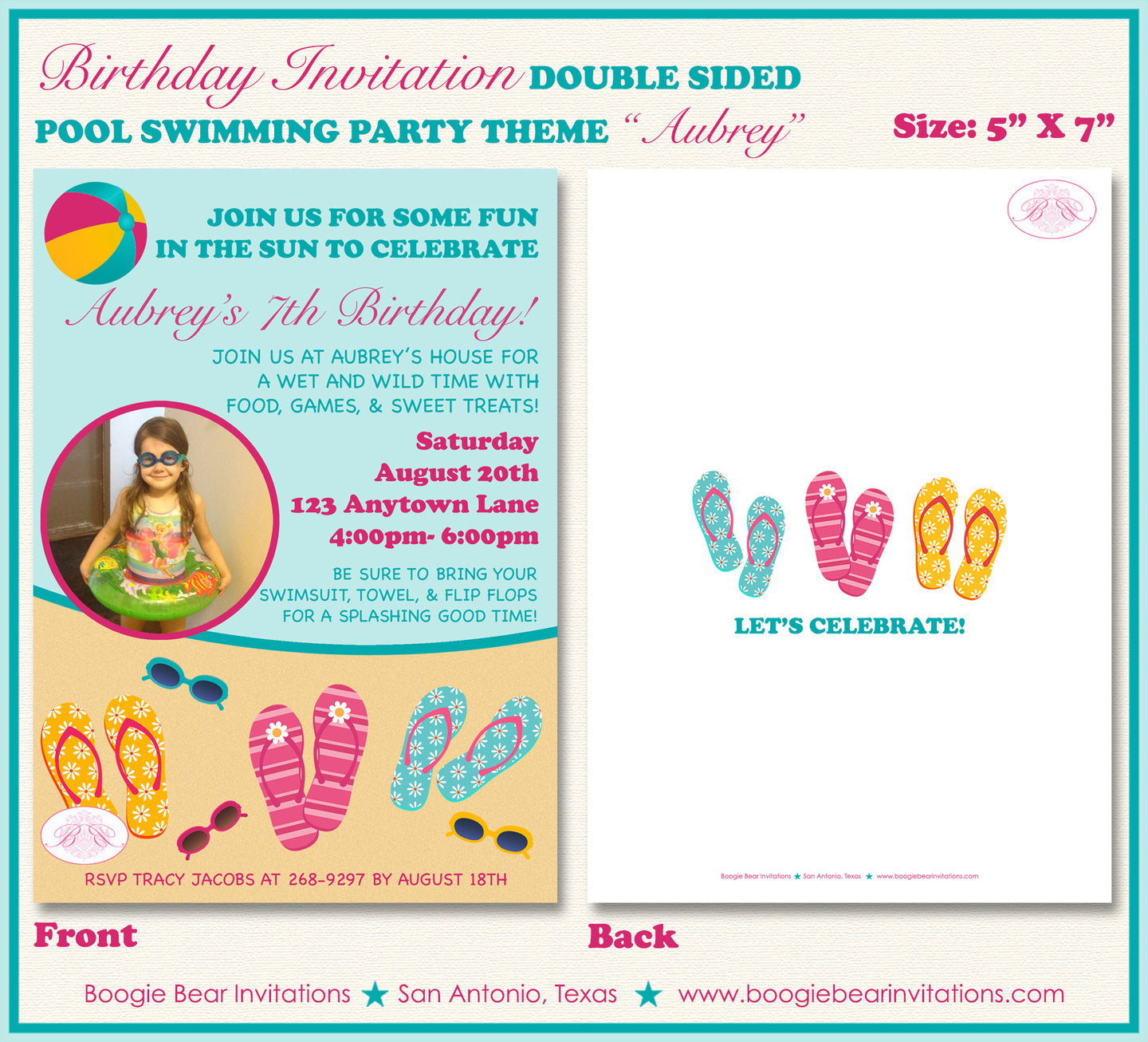 Flip Flop Birthday Party Invitation Photo Girl Pink Pool Swimming Boogie Bear Invitations Aubrey Theme Paperless Printable Printed