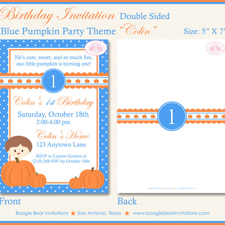 Blue Pumpkin Birthday Party Invitation Boy Harvest Fall Boogie Bear Invitations Colin Theme Paperless Printable Printed