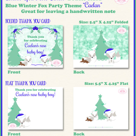 Blue Winter Fox Thank You Card Baby Shower Party Boogie Bear Invitations Caelan Theme Printed